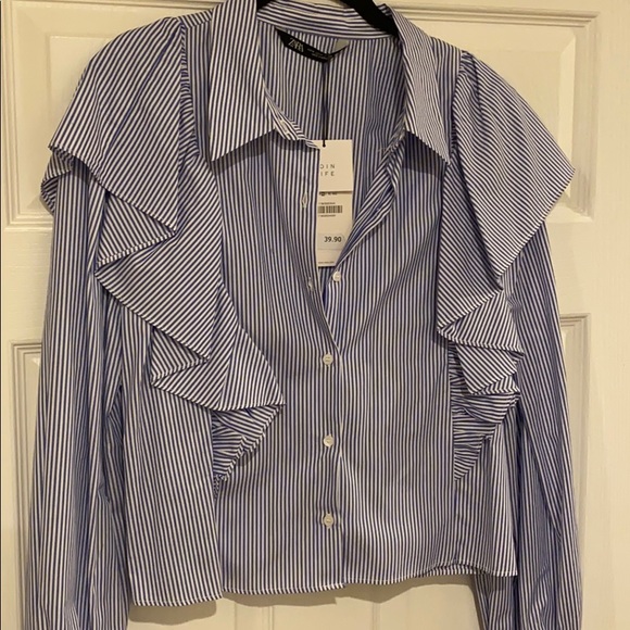 Zara Striped Long Sleeve Top w/Ruffles - Picture 1 of 5